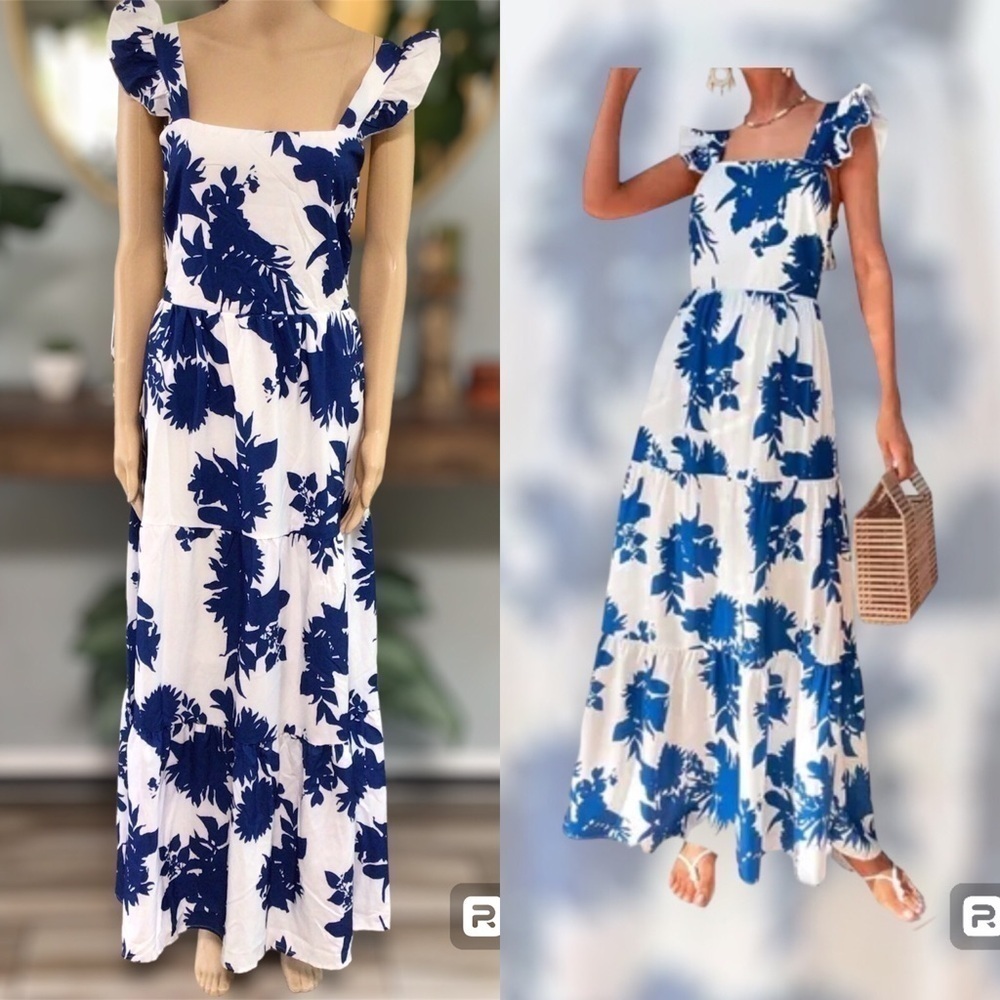 White Blue Floral Tie Back & Open Back Maxi Summer Dress Size Large